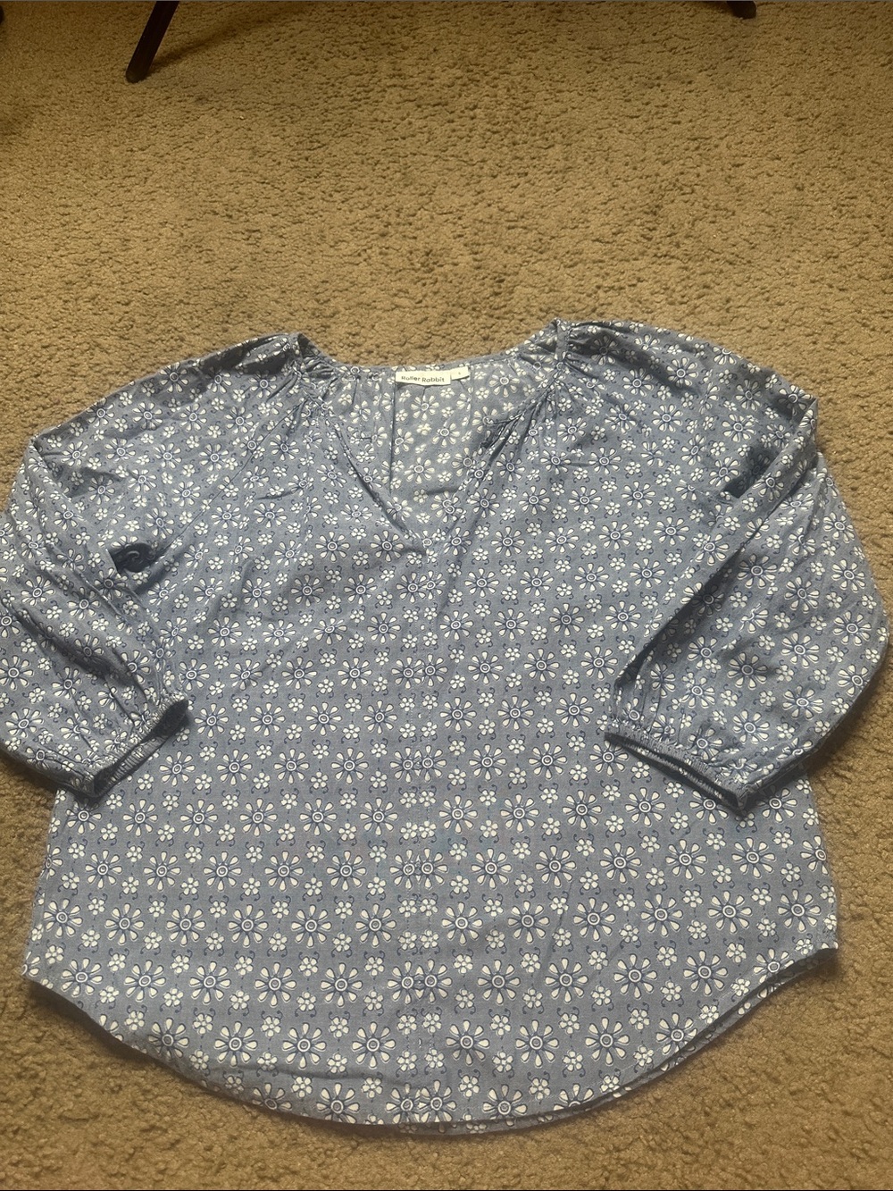 ROLLER  RABBIT Blue Floral V-Neck Women's Blouse SMALL  3/4 Sleeves